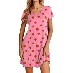 image:imageEkouaer Nightgowns for Women Short Sleeve Sleepshirt V Neck Short Nightshirt Pullover Soft Ruffled Sleepwear SXXXLPink Strawberry