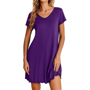image:imageEkouaer Nightgowns for Women Short Sleeve Sleepshirt V Neck Short Nightshirt Pullover Soft Ruffled Sleepwear SXXXLPurple
