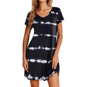 image:imageEkouaer Nightgowns for Women Short Sleeve Sleepshirt V Neck Short Nightshirt Pullover Soft Ruffled Sleepwear SXXXLStripe