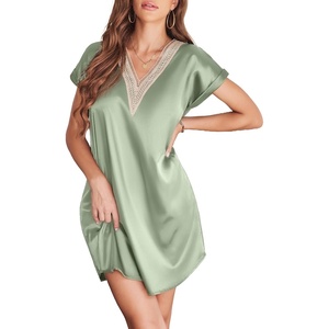 image:imageEkouaer Satin Nightgowns for Women Short Sleeve Nightshirt Silk Sleepwear Lace V Neck Pajama Dress SXXLLight Green