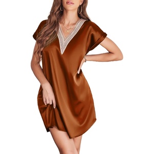 image:imageEkouaer Satin Nightgowns for Women Short Sleeve Nightshirt Silk Sleepwear Lace V Neck Pajama Dress SXXLRust Brown