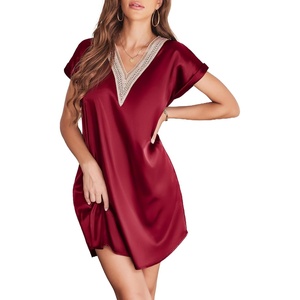 image:imageEkouaer Satin Nightgowns for Women Short Sleeve Nightshirt Silk Sleepwear Lace V Neck Pajama Dress SXXLWine Red