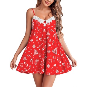 image:imageEkouaer Women Lace Nightgown Sexy Spaghetti Strap Cami Sleeveless Chemise Sleepwear Sleep DressChristmas Print