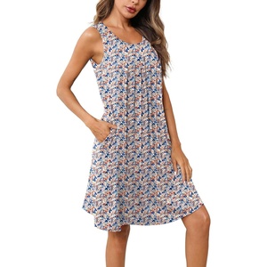 image:imageEkouaer Women Nightgown with Pockets Sleep Shirts Sleeveless Sleepwear Pleated Front Nightshirt Round Neck NightdressBrown Blue Florals