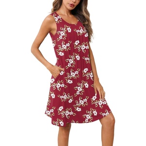 image:imageEkouaer Women Nightgown with Pockets Sleep Shirts Sleeveless Sleepwear Pleated Front Nightshirt Round Neck NightdressWine Red White Flower