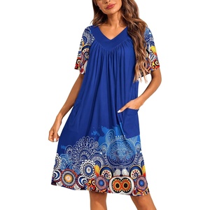 image:imageEkouaer Womens House Dress Floral Print Nightgown with Pockets Mumu DressNavy