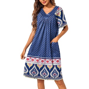 image:imageEkouaer Womens House Dress Floral Print Nightgown with Pockets Mumu DressNavy Blue