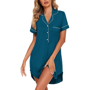 image:imageEkouaer Womens Nightgown Button Down Nightshirt V Neck Sleepshirt Short Sleeve Sleepwear Soft Pajama DressBlue Green