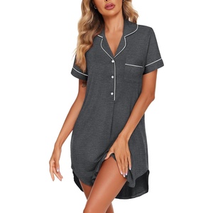 image:imageEkouaer Womens Nightgown Button Down Nightshirt V Neck Sleepshirt Short Sleeve Sleepwear Soft Pajama DressDark Grey