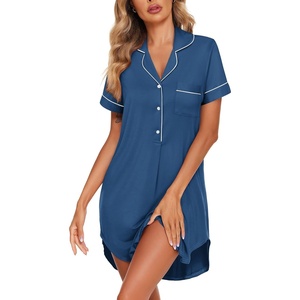 image:imageEkouaer Womens Nightgown Button Down Nightshirt V Neck Sleepshirt Short Sleeve Sleepwear Soft Pajama DressNavy