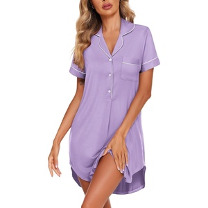 image:imageEkouaer Womens Nightgown Button Down Nightshirt V Neck Sleepshirt Short Sleeve Sleepwear Soft Pajama DressViolet