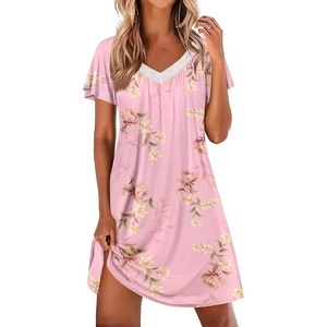 image:imageEkouaer Womens Nightgown Lace Trim V Neck Sleep Shirt Flare Short Sleeve Night Gown Pleated Nightshirt Ladies NightdressPink Flower