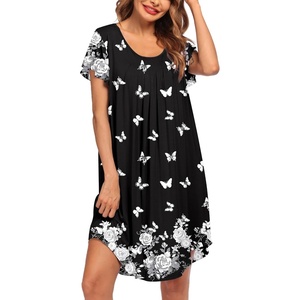 image:imageEkouaer Womens Nightgown Soft Sleepwear Pleated Sleepshirt Sleep Dress Short Sleeve Nightdress S3XLBlack White Butterfly