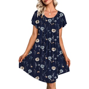 image:imageEkouaer Womens Nightgown Soft Sleepwear Pleated Sleepshirt Sleep Dress Short Sleeve Nightdress S3XLFloral Navy Blue