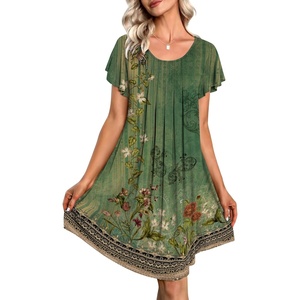 image:imageEkouaer Womens Nightgown Soft Sleepwear Pleated Sleepshirt Sleep Dress Short Sleeve Nightdress S3XLGreen Boho Floral