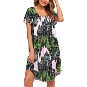 image:imageEkouaer Womens Nightgown Soft Sleepwear Pleated Sleepshirt Sleep Dress Short Sleeve Nightdress S3XLGreen Leaf