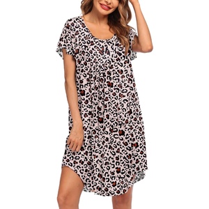 image:imageEkouaer Womens Nightgown Soft Sleepwear Pleated Sleepshirt Sleep Dress Short Sleeve Nightdress S3XLLeopard Printed