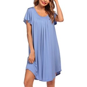 image:imageEkouaer Womens Nightgown Soft Sleepwear Pleated Sleepshirt Sleep Dress Short Sleeve Nightdress S3XLLight Blue
