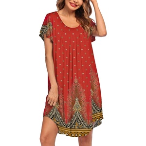 image:imageEkouaer Womens Nightgown Soft Sleepwear Pleated Sleepshirt Sleep Dress Short Sleeve Nightdress S3XLRed Plume