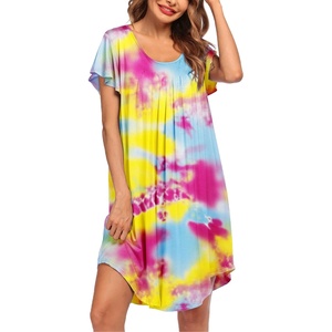 image:imageEkouaer Womens Nightgown Soft Sleepwear Pleated Sleepshirt Sleep Dress Short Sleeve Nightdress S3XLTie Dye