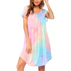 image:imageEkouaer Womens Nightgown Soft Sleepwear Pleated Sleepshirt Sleep Dress Short Sleeve Nightdress S3XLTie Dye Pink Blue