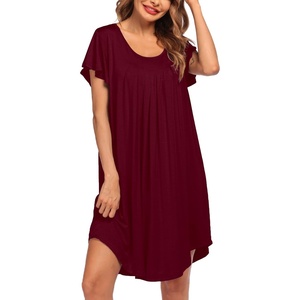 image:imageEkouaer Womens Nightgown Soft Sleepwear Pleated Sleepshirt Sleep Dress Short Sleeve Nightdress S3XLWine Red