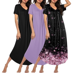 image:imageEkouaer 3 Pack Long Nightgowns for Women Plus Size House Dress Short Sleeve Night Gown V Neck Casual Nightshirt M5XLBlackBlack FloralLight Purple