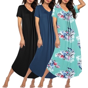 image:imageEkouaer 3 Pack Long Nightgowns for Women Plus Size House Dress Short Sleeve Night Gown V Neck Casual Nightshirt M5XLBlackBlueBlue Floral