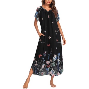 image:imageEkouaer Long Nightgown Womens Loungewear Short Sleeve Sleepwear Full Length Sleep Shirt with PocketsBlack Butterfly Floral