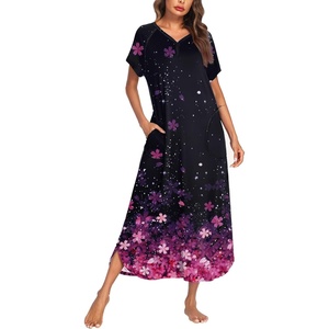 image:imageEkouaer Long Nightgown Womens Loungewear Short Sleeve Sleepwear Full Length Sleep Shirt with PocketsBlack Sakura