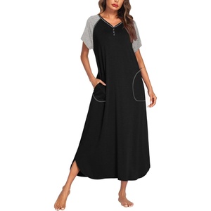 image:imageEkouaer Long Nightgown Womens Loungewear Short Sleeve Sleepwear Full Length Sleep Shirt with PocketsBlackGrey