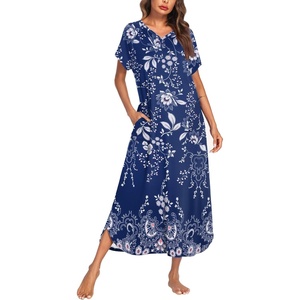 image:imageEkouaer Long Nightgown Womens Loungewear Short Sleeve Sleepwear Full Length Sleep Shirt with PocketsBlue Ethnic Flower