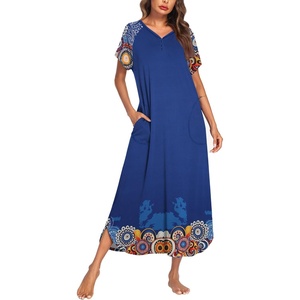 image:imageEkouaer Long Nightgown Womens Loungewear Short Sleeve Sleepwear Full Length Sleep Shirt with PocketsBlue Floral