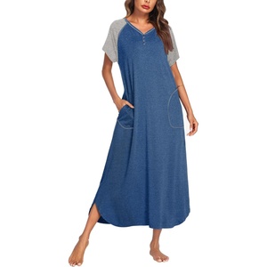 image:imageEkouaer Long Nightgown Womens Loungewear Short Sleeve Sleepwear Full Length Sleep Shirt with PocketsBlueGrey