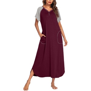 image:imageEkouaer Long Nightgown Womens Loungewear Short Sleeve Sleepwear Full Length Sleep Shirt with PocketsFuchsiaGrey