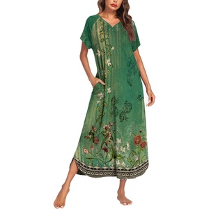 image:imageEkouaer Long Nightgown Womens Loungewear Short Sleeve Sleepwear Full Length Sleep Shirt with PocketsGreen Ethnic Style