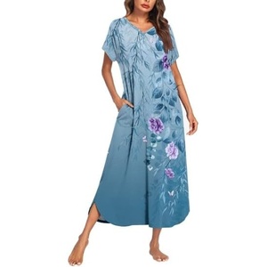 image:imageEkouaer Long Nightgown Womens Loungewear Short Sleeve Sleepwear Full Length Sleep Shirt with PocketsLight Blue Flower