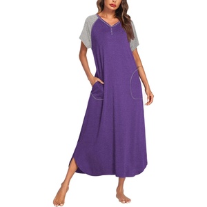 image:imageEkouaer Long Nightgown Womens Loungewear Short Sleeve Sleepwear Full Length Sleep Shirt with PocketsPurpleGrey