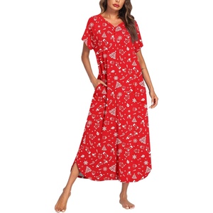 image:imageEkouaer Long Nightgown Womens Loungewear Short Sleeve Sleepwear Full Length Sleep Shirt with PocketsRed Christmas Tree