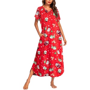 image:imageEkouaer Long Nightgown Womens Loungewear Short Sleeve Sleepwear Full Length Sleep Shirt with PocketsRed Snowman