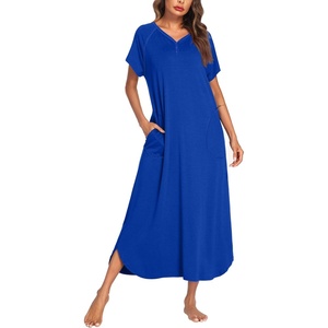 image:imageEkouaer Long Nightgown Womens Loungewear Short Sleeve Sleepwear Full Length Sleep Shirt with PocketsSnorkel Blue