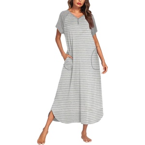image:imageEkouaer Long Nightgown Womens Loungewear Short Sleeve Sleepwear Full Length Sleep Shirt with PocketsWhite Grey Stripe