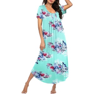image:imageEkouaer Long Nightgowns for Women Plus Size House Dress Short Sleeve Night Gown Pleated Full Length Loungwear S4XLBlue Flower
