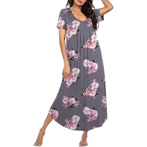 image:imageEkouaer Long Nightgowns for Women Plus Size House Dress Short Sleeve Night Gown Pleated Full Length Loungwear S4XLGrey Flowers