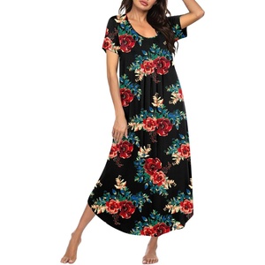 image:imageEkouaer Long Nightgowns for Women Plus Size House Dress Short Sleeve Night Gown Pleated Full Length Loungwear S4XLRed Flowers
