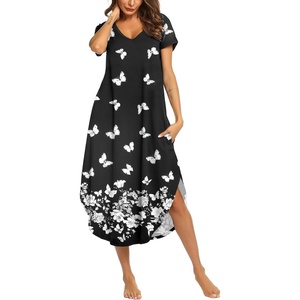 image:imageEkouaer Long Nightgowns for Women Short Sleeve House Dress with Pockets V Neck Sleepshirts Side Split Sleepwear S4XLBlack Butterfly