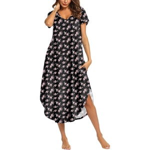 image:imageEkouaer Long Nightgowns for Women Short Sleeve House Dress with Pockets V Neck Sleepshirts Side Split Sleepwear S4XLBlack Floral