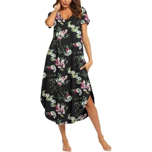image:imageEkouaer Long Nightgowns for Women Short Sleeve House Dress with Pockets V Neck Sleepshirts Side Split Sleepwear S4XLBlack Red Floral