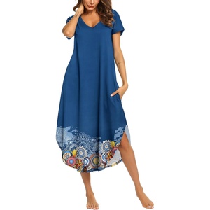 image:imageEkouaer Long Nightgowns for Women Short Sleeve House Dress with Pockets V Neck Sleepshirts Side Split Sleepwear S4XLBlue Positioned Circle