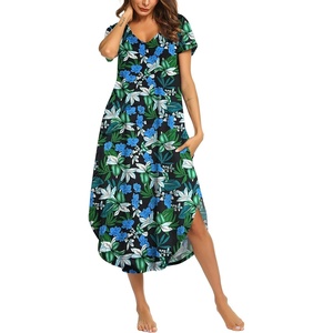 image:imageEkouaer Long Nightgowns for Women Short Sleeve House Dress with Pockets V Neck Sleepshirts Side Split Sleepwear S4XLDark Green Floral